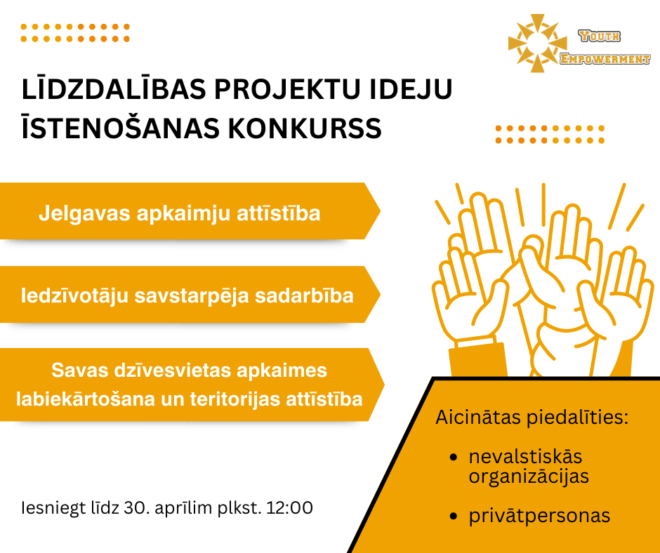 Pieņem pieteikumus līdzdalības projektu ideju īstenošanai